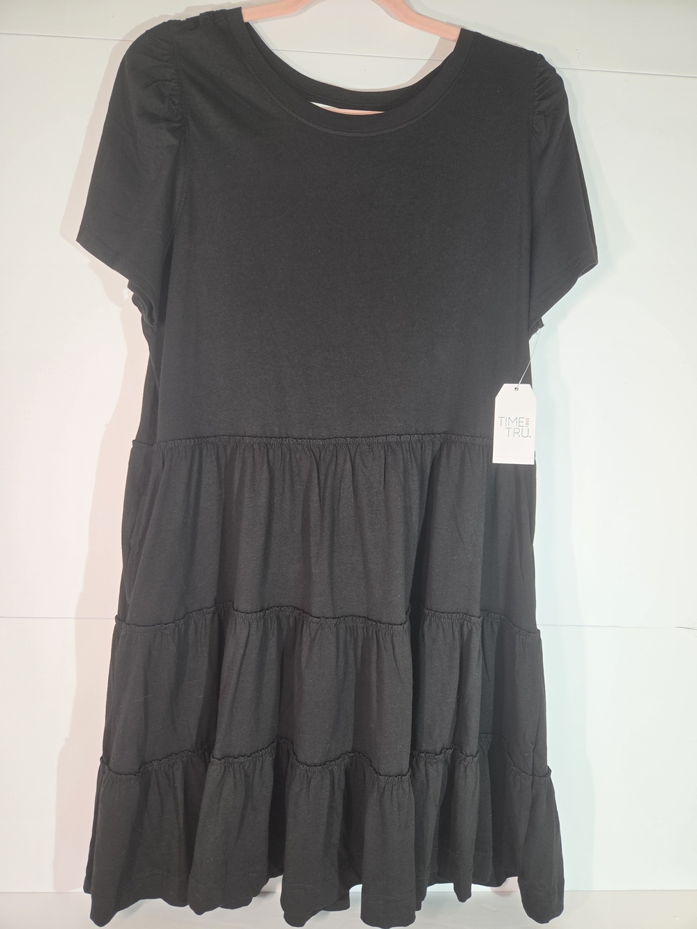 Time and Tru Flounce Dress NWT Size L 12-14 Black Soot Tiered Knit Mini